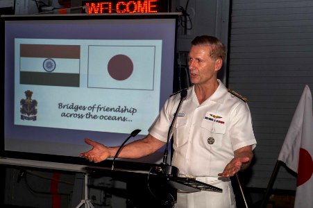 Vice Adm. Joseph Aucoin, commander, U.S. 7th Fleet, speaks to naval leaders during a reception aboard the Indian Navy Shivalik-class stealth frigate INS Satpura (F48) during Malabar 2016