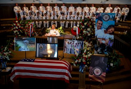 Vice Adm. Robin Braun speaks during the funeral service for Logistics Specialist 2nd Class Randall Smith. (19913608008)