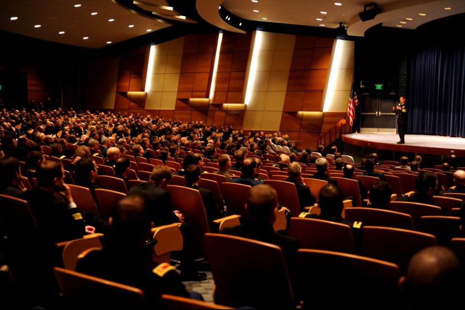 Vice Chief of U.S. Naval Operations Adm. Mark Ferguson, right, speaks to students, staff and faculty of the Naval War College in Newport, R.I., Jan. 14, 2014 140114-N-PX557-138