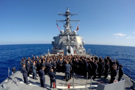 Vice Admiral James Foggo III addresses the crew of USS Carney (DDG-64) during visit in the Mediterranean 160928-N-ZE250-251