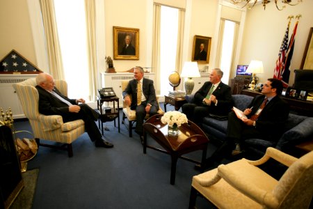 Vice President Cheney Talks with Rex Tillerson and Ralph Daniel (Dan) Nelson of Exxon Mobil Corporation