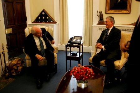 Vice President Dick Cheney talks with Rex Tillerson in His West Wing Office
