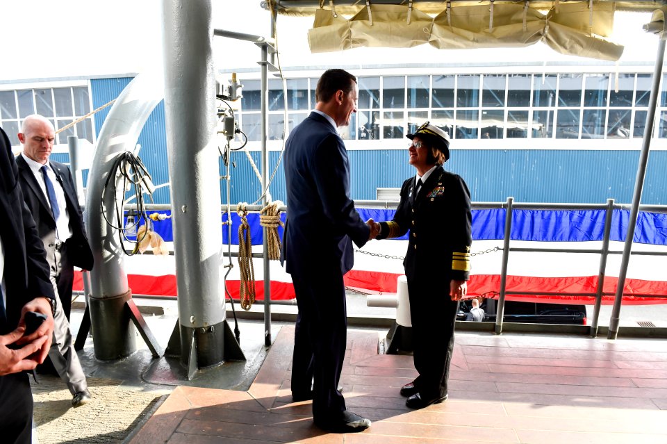 Vice Admiral Lisa M Franchetti greets Ambassador Richard Grenell, 2018