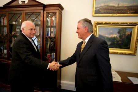 Vice President Dick Cheney shakes hands Rex Tillerson