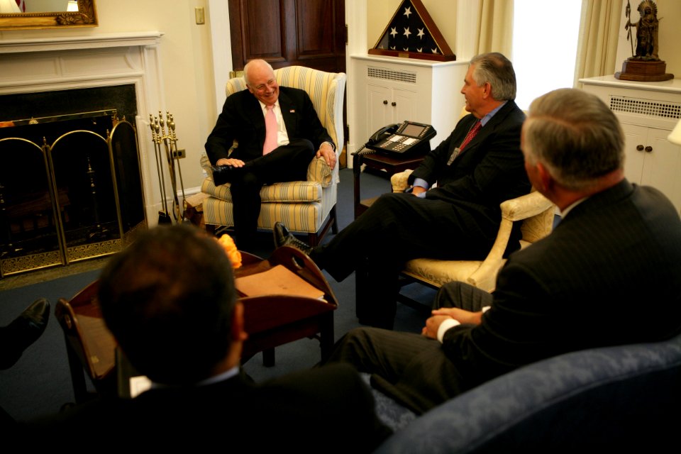Vice President Dick Cheney Talks with Rex Tillerson and Ralph Daniel (Dan) Nelson of Exxon Mobil Corporation