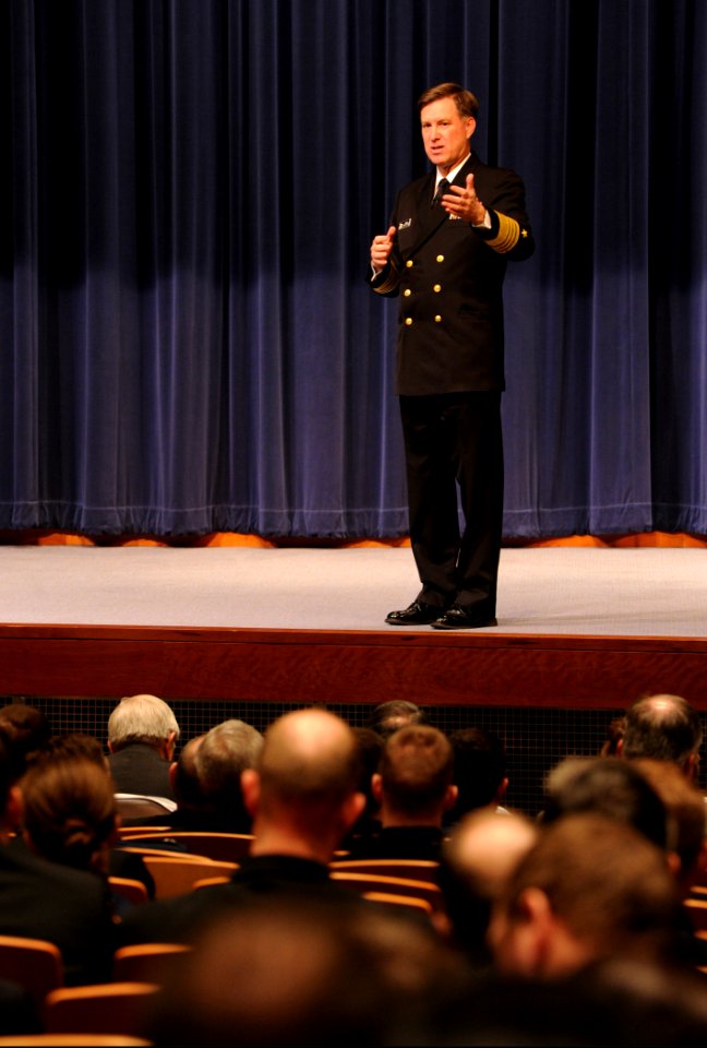Vice Chief of U.S. Naval Operations Adm. Mark Ferguson speaks to students, staff and faculty of the U.S. Naval War College in Newport, R.I., Jan. 14, 2014 140114-N-PX557-129