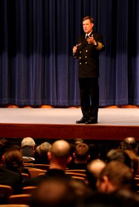 Vice Chief of U.S. Naval Operations Adm. Mark Ferguson speaks to students, staff and faculty of the U.S. Naval War College in Newport, R.I., Jan. 14, 2014 140114-N-PX557-129