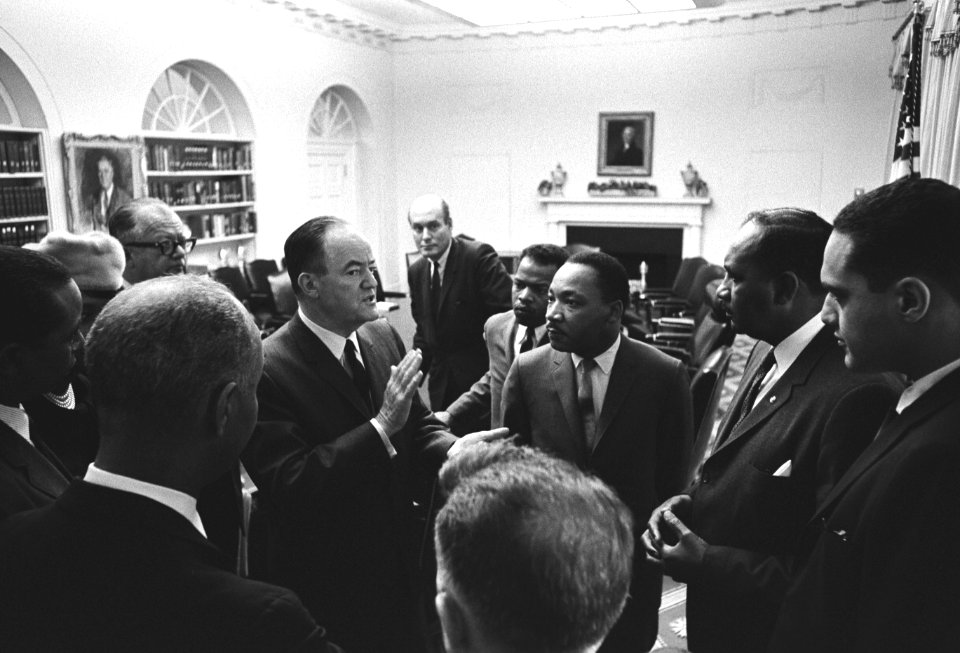 Vice President Hubert Humphrey speaks after a meeting with Civil Rights leaders