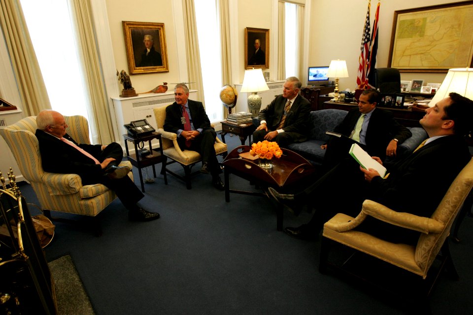 Vice President Dick Cheney hosts a meeting in his West Wing office with Rex Tillerson and Ralph Daniel Nelson