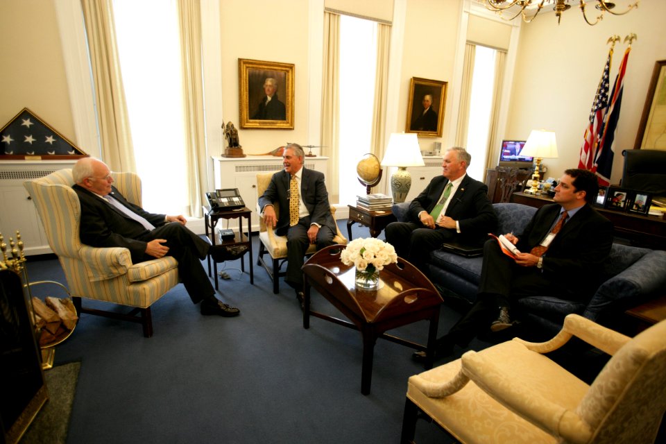 Vice President Dick Cheney Talks with Rex Tillerson and Ralph Daniel (Dan) Nelson of Exxon Mobil Corporation in His West Wing Office