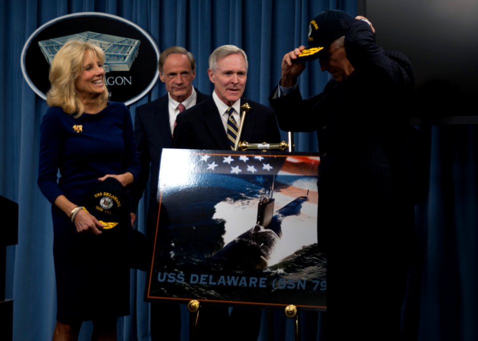 VIce President Joe Biden wears a USS Delaware ball cap. (8202190681)