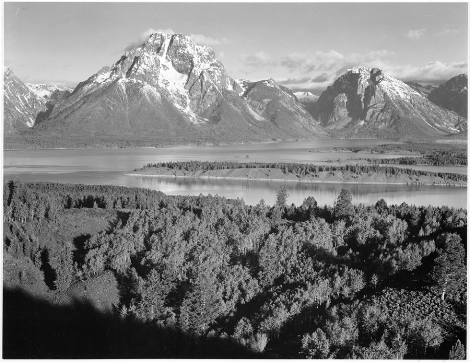 View across river valley toward Mount Moran, Grand Teton National Park, Wyoming., 1933 - 1942 - NARA - 519908