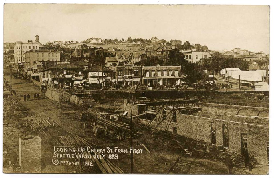 View east on Cherry St from First Ave after Great Fire, Seattle, July 1889 (MOHAI 11927)