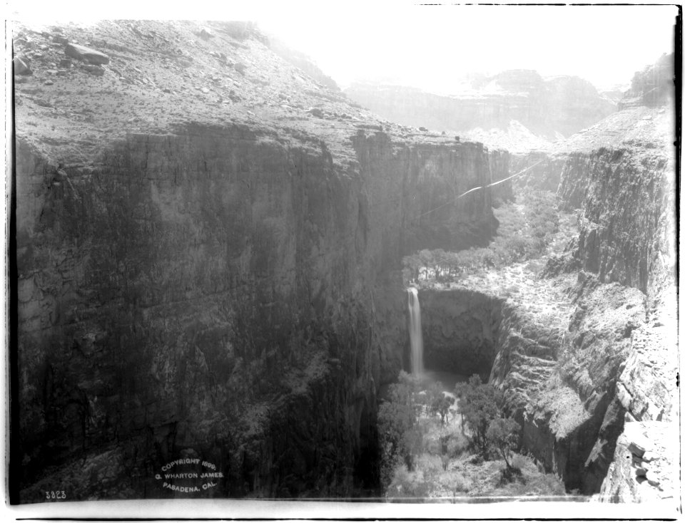 View from above towards Mooney Falls in Havasu Canyon, Grand Canyon, ca.1899 (CHS-3823)