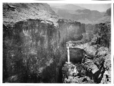 View from above towards Mooney Falls in Havasu Canyon, Grand Canyon, ca.1899 (CHS-3841)