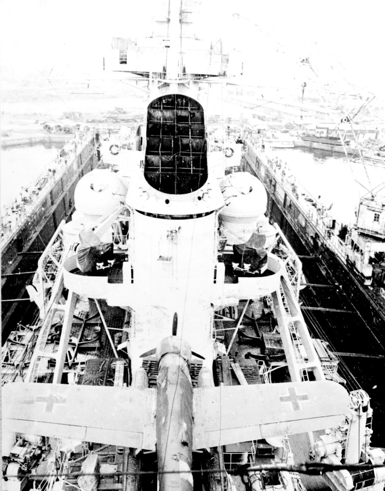 View forward from the mainmast of the German heavy cruiser Prinz Eugen in 1945