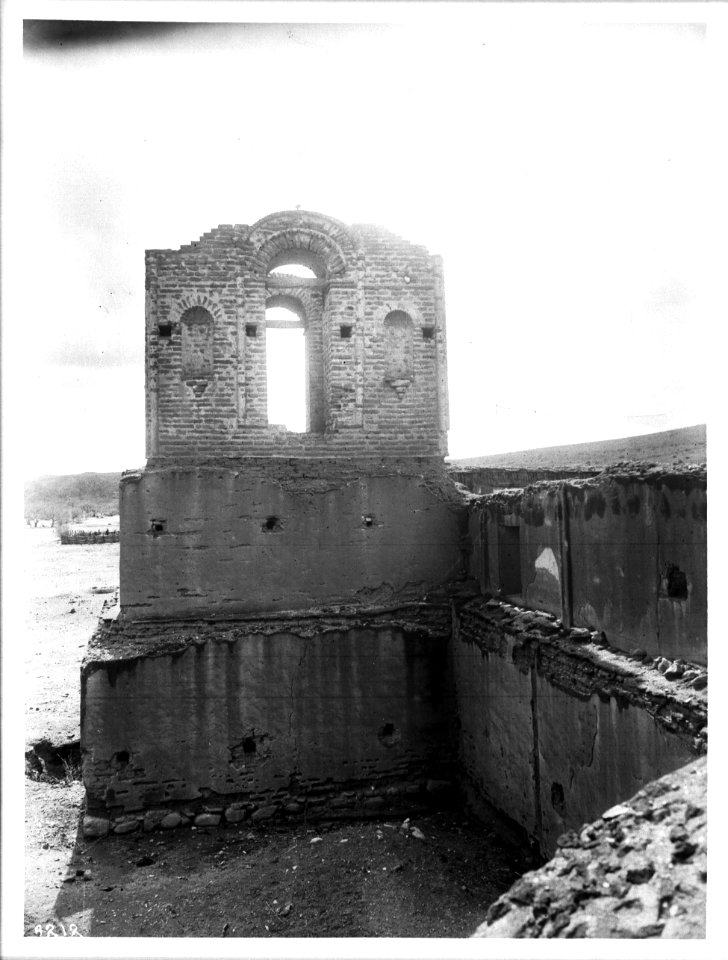 View from the rear of the tower at the ruin of Mission Tumacacori, near Tucson, Arizona, ca.1908 (CHS-4212)