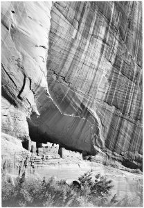 View from river valley, Canyon de Chelly National Monument, Arizona. (Vertical Orientation), 1933 - 1942 - NARA - 519851