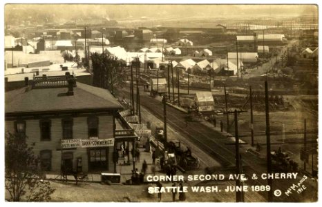 View from Second Ave and Cherry St after Great Fire, Seattle, June 1889 (MOHAI 11918)