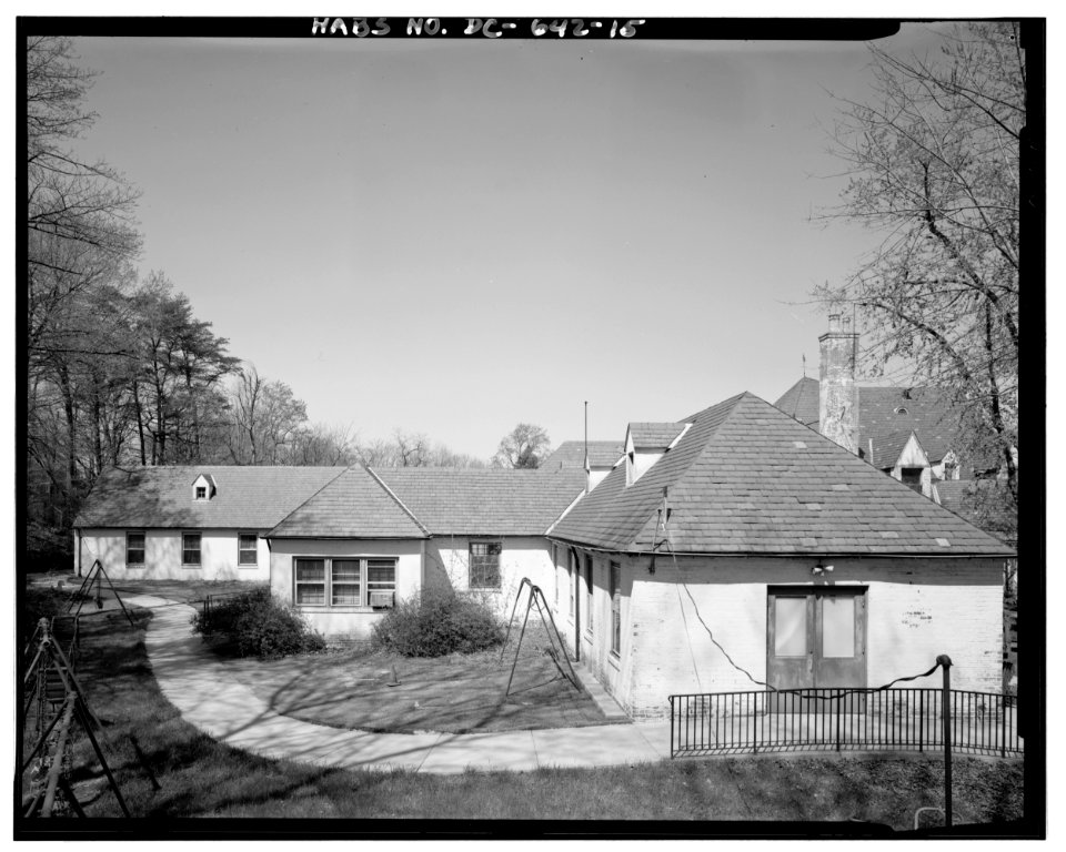 View northwest, showing Letter B and rear addition to Southeast Wing (Wing 3)