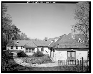 View northwest, showing Letter B and rear addition to Southeast Wing (Wing 3)