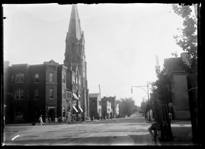 View of 5th Street, N.W., mostly East side, looking South from H Street showing St. Mary's Catholic Church towering over surrounding buildings LCCN2016646872