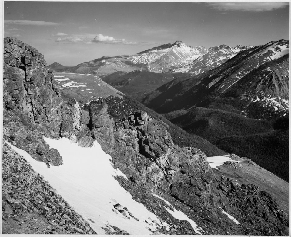 View of barren mountains with snow, Long's Peak, Rocky Mountain National Park, Colorado., 1933 - 1942 - NARA - 519966