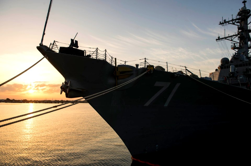 View of bow of USS Ross (DDG-71) moored at Rota 170603-N-FQ994-010