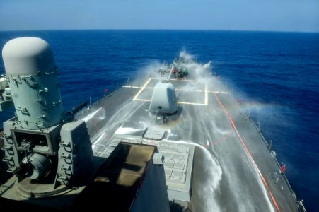 View of bow of USS Ross (DDG-71) during countermeasure washdown tests 160823-N-FP878-121