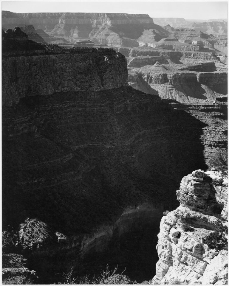 View of darkly shadowed canyon at left and center, from the South Rim, 1941, Grand Canyon National Park, Arizona. (ver - NARA - 519891