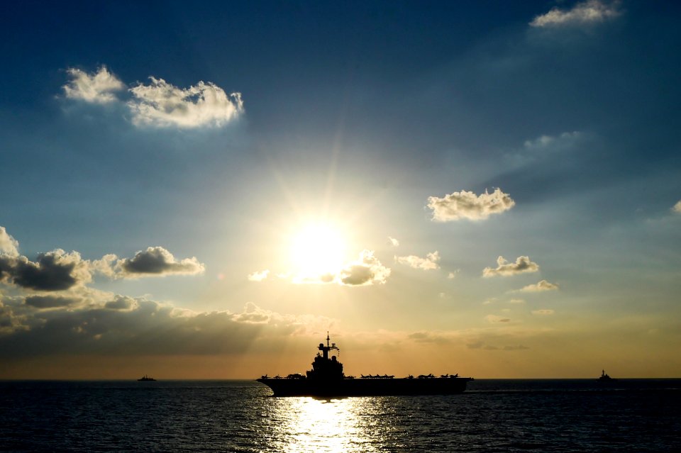 View of Charles de Gaulle carrier strike group from USS Ross (DDG-71) 161022-N-FP878-001