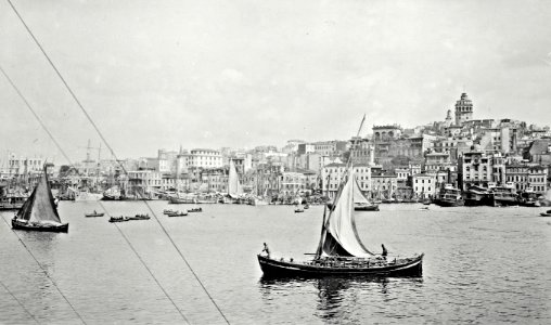 View of Istanbul with sailboats on the water and Galata Tower in the distance LCCN2010650595