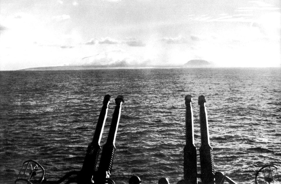 View of Iwo Jima from USS Biloxi (CL-80) in February 1945