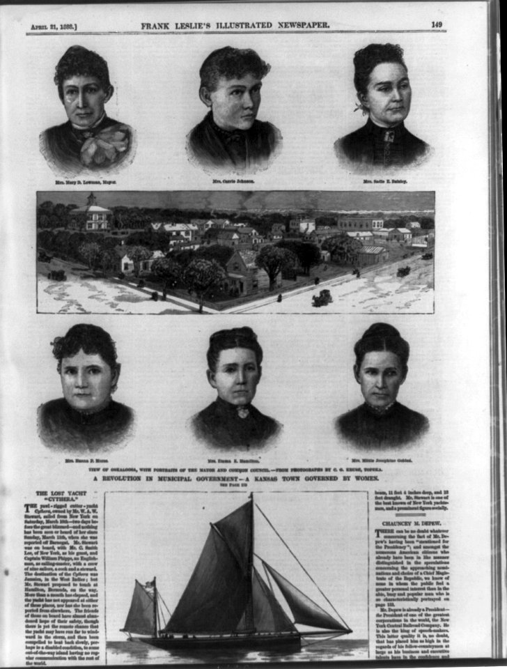 View of Oskaloosa (Kansas), with portraits of the mayor and Common Council- Mrs. Mary D. Lowman, Mayor; Mrs. Carrie Johnson; Mrs. Sadie E. Balsley; Mrs. Hanna P. Morse; Mrs. Emma K. LCCN99614112