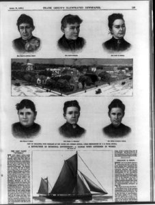 View of Oskaloosa (Kansas), with portraits of the mayor and Common Council- Mrs. Mary D. Lowman, Mayor; Mrs. Carrie Johnson; Mrs. Sadie E. Balsley; Mrs. Hanna P. Morse; Mrs. Emma K. LCCN99614112