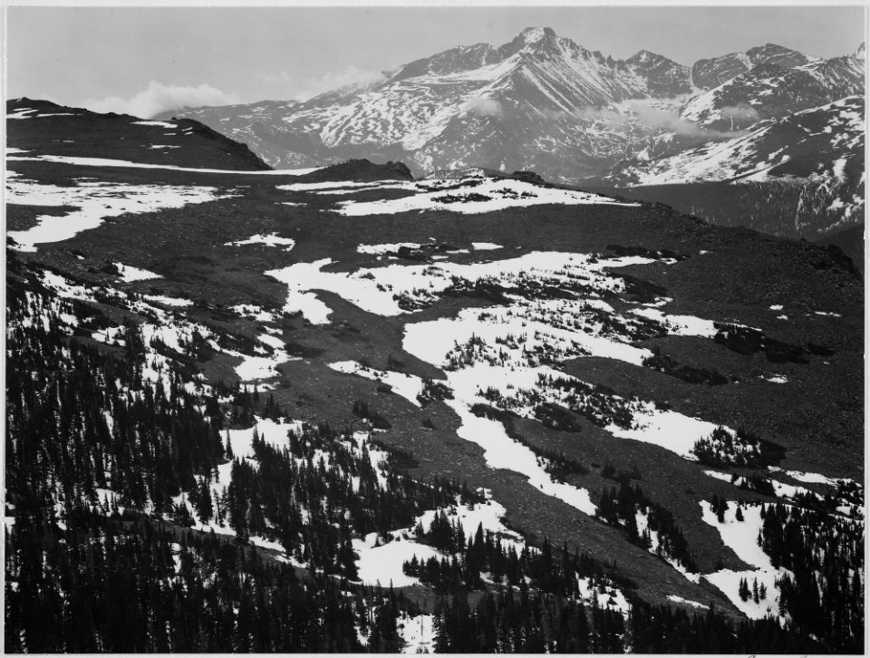View of plateau, snow covered mountain in background, Long's Peak, Rocky Mountain National Park, Colorado., 1933 - 194 - NARA - 519970