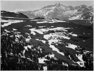 View of plateau, snow covered mountain in background, Long's Peak, Rocky Mountain National Park, Colorado., 1933 - 194 - NARA - 519970