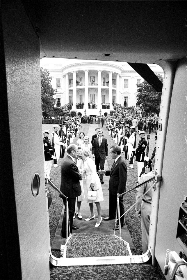 View of President Richard Nixon, Pat Nixon, Vice President Gerald Ford, and Betty Ford from inside the Presidential Helicopter