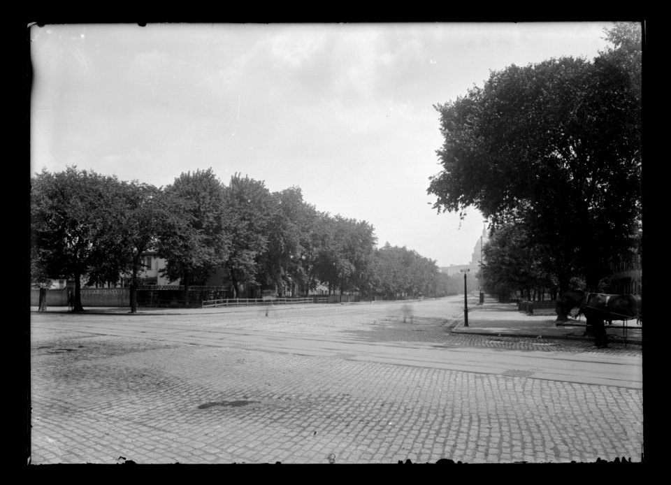 View of Maryland Avenue & 41-2 Street, S.W., (now 4th), showing Women's Dispensary on the left and the U.S. Capitol obscured by trees at the end of the block LCCN2016647078