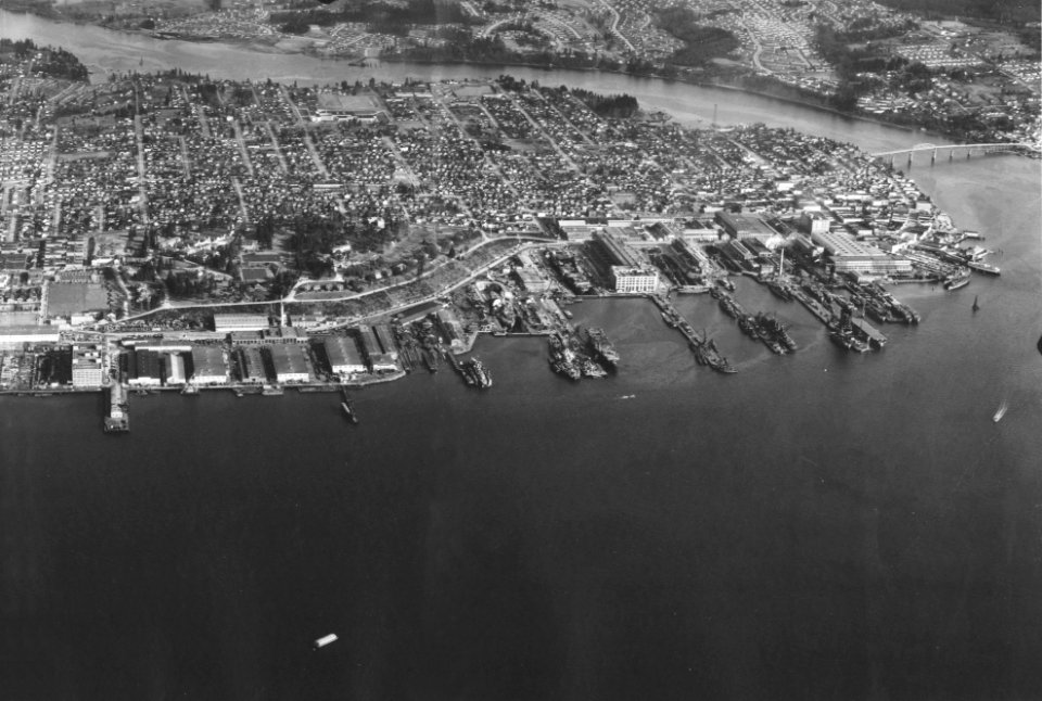 View of Puget Sound Navy Yard and Bremerton, circa in March 1945