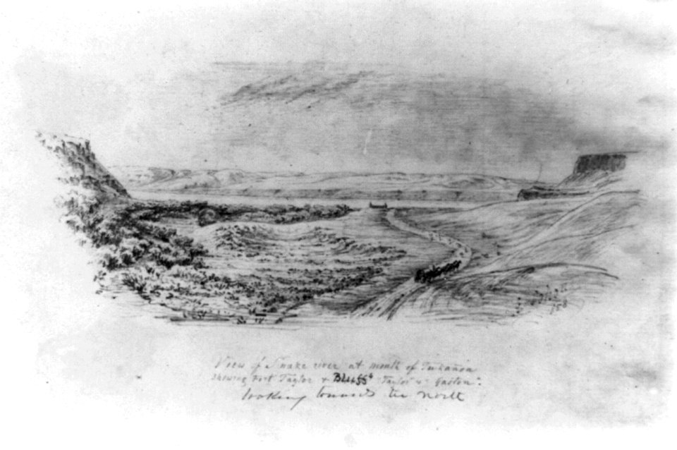 View of Snake River at mouth of Tukanon showing Fort Taylor & bluffs; looking towards the north. LCCN2009631465