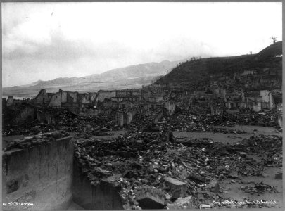 View of ruins after the volcanic eruption of Mount Pelee, St. Pierre, Martinique LCCN2005684988