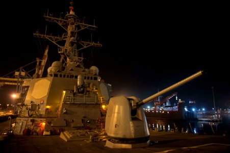 View of superstructure and 5-inch gun of USS Ross (DDG-71) while moored in Haifa 170509-N-FQ994-306