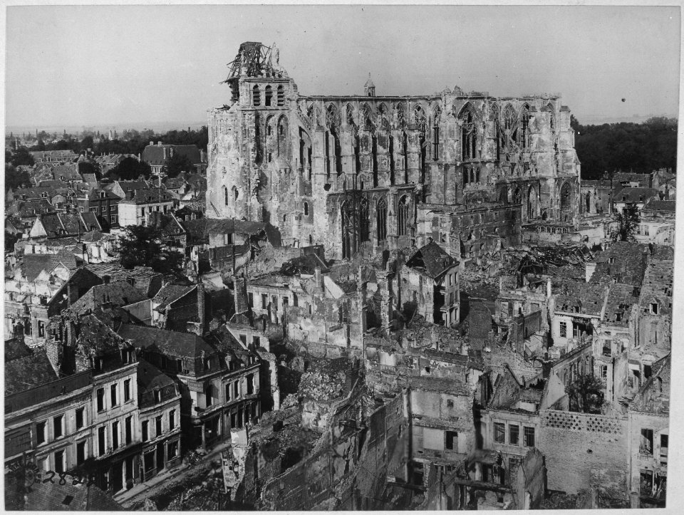 View of ruins in front of the Cathedral of St. Quentin. France, October 14, 1918., ca. 1900 - 1982 - NARA - 530770