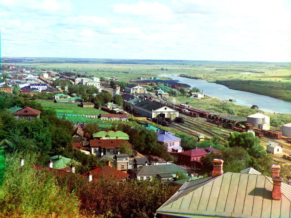 View of the railroad, city of Vladimir, Kliazma River, and water-meadows