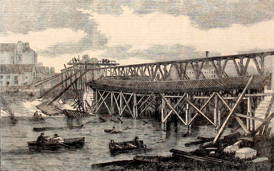 View of the Ruins of Lendal Bridge, York, taken immediately after its Fall. - ILN 1861 (14757687606) (cropped)