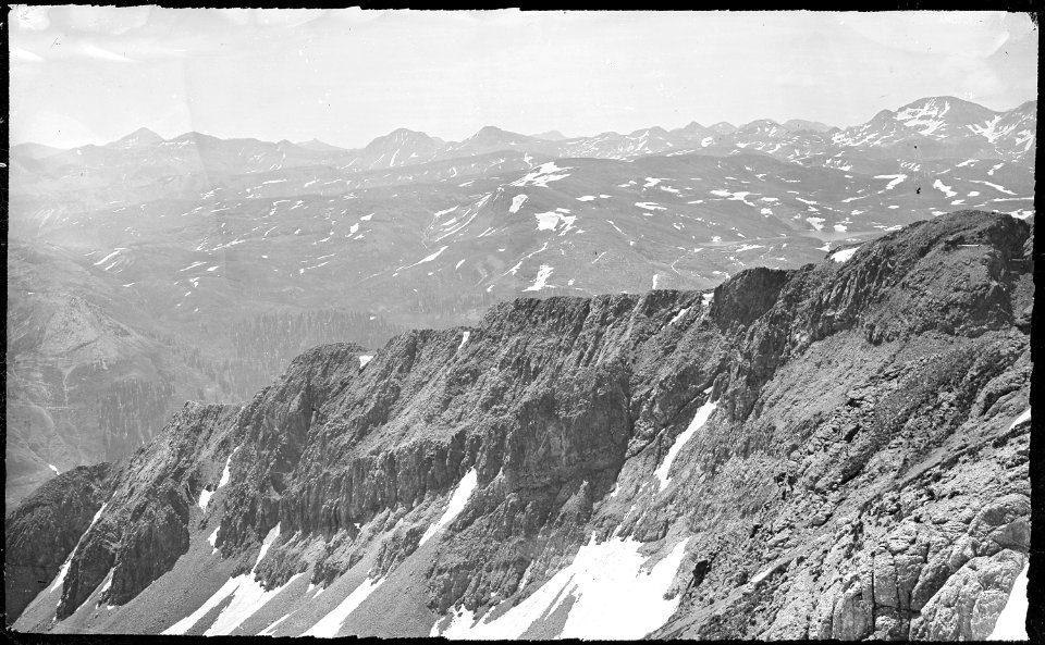 View of the San Juan Mountains from the summit of King Solomon Mountain, 13,600 feet high. Silverton Quadrangle. San... - NARA - 517159