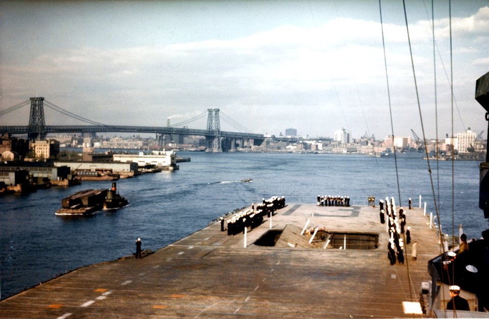 View of the forward flight deck of USS Franklin (CV-13) off the New York Navy Yard on 28 April 1945
