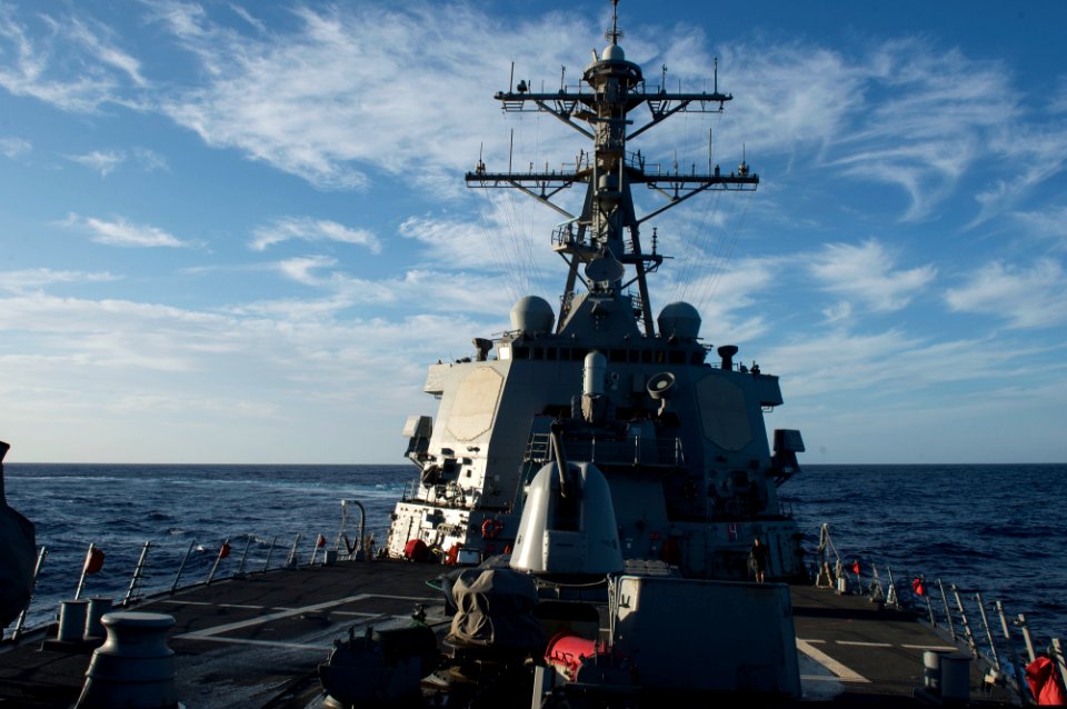 View of the superstructure and 5-inch gun of USS Porter (DDG-78) in the Mediterranean 160714-N-FQ994-021