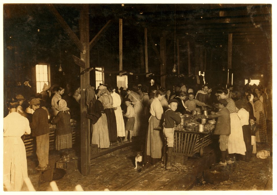 View of the Gorenflo Canning Co., Biloxi, Miss. Taken at 7 A.M. Many tiny workers here, some of whom began to arrive as early as 5 o'clock, and (sic) hour before they were allowed to begin LOC cph.3a01043